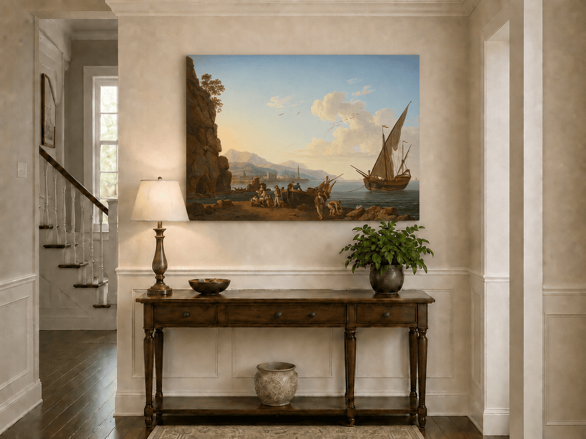 Peinture à l'huile de paysage - Port côtier et foule sur le rivage