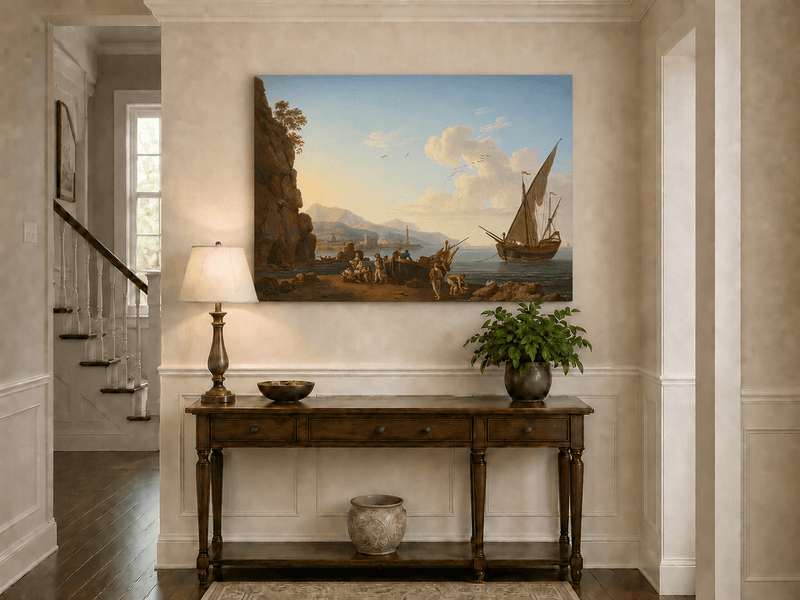 Peinture à l'huile de paysage - Port côtier et foule sur le rivage