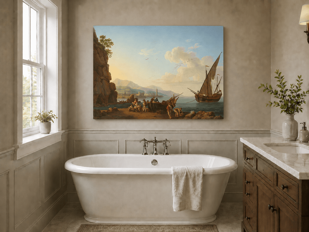 Peinture à l'huile de paysage - Port côtier et foule sur le rivage