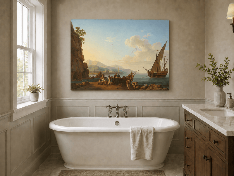 Peinture à l'huile de paysage - Port côtier et foule sur le rivage