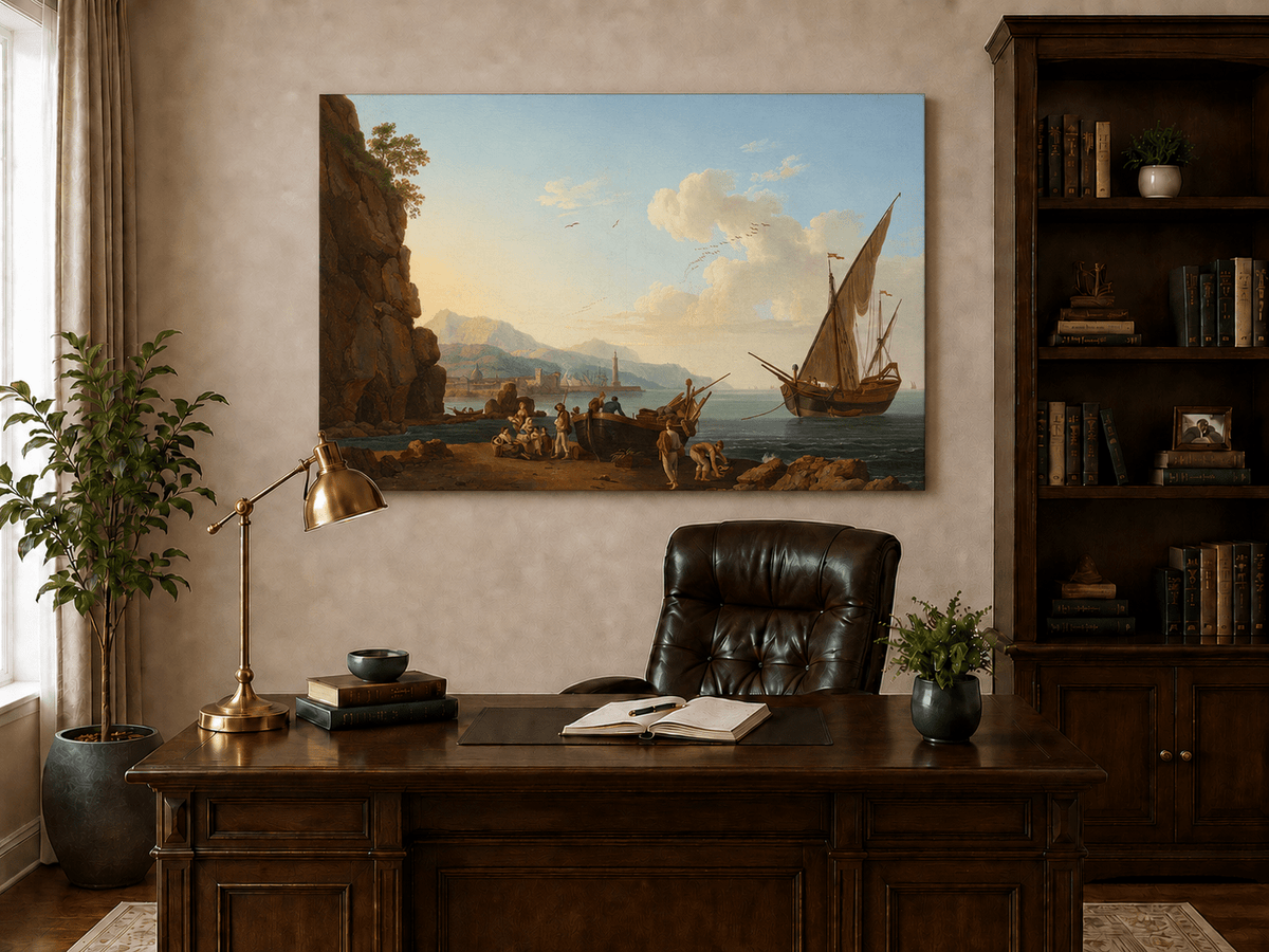 Peinture à l'huile de paysage - Port côtier et foule sur le rivage