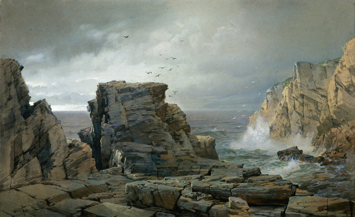 Landscape Oil Painting - Coastal Rock Cliffs, Crashing Waves & Stormy Sky - Oil Painting Haven
