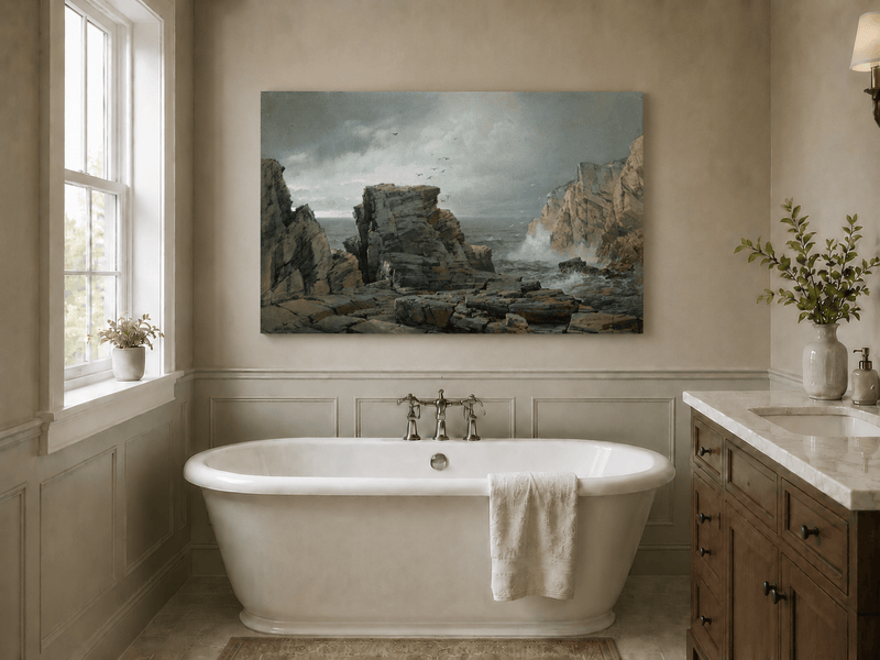 Peinture à l'huile de paysage - Falaises rocheuses côtières, vagues déferlantes et ciel orageux