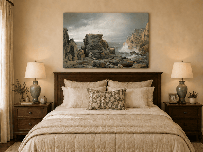 Peinture à l'huile de paysage - Falaises rocheuses côtières, vagues déferlantes et ciel orageux