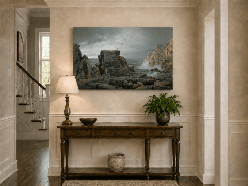 Peinture à l'huile de paysage - Falaises rocheuses côtières, vagues déferlantes et ciel orageux