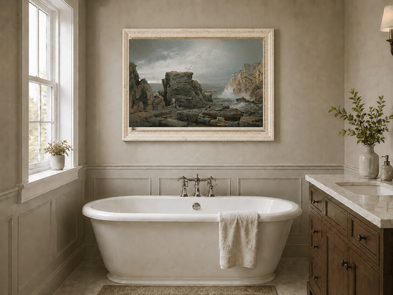 Peinture à l'huile de paysage - Falaises rocheuses côtières, vagues déferlantes et ciel orageux
