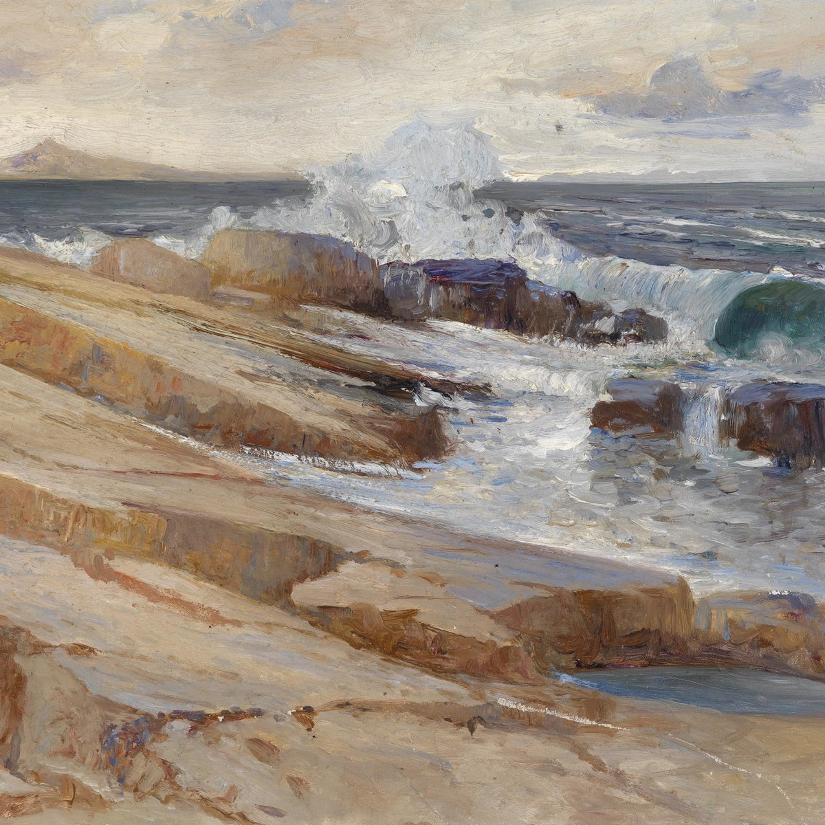 Landscape Oil Painting - Coastal Rocks & Crashing Waves: Island Seascape - Oil Painting Haven