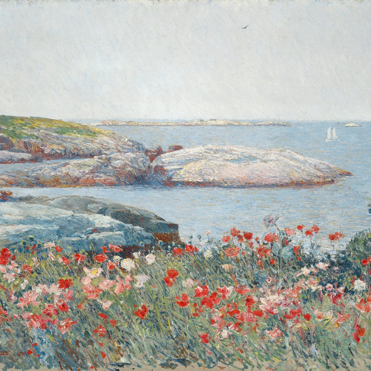 Landscape oil painting of coastal rocks and wildflowers by the sea, featuring textured brushwork and vibrant oil on canvas. - Add Frame, Canvas, Coastal, Floral, Hand Painted, Landscape, Made To Order, Oil Painting, Seascape