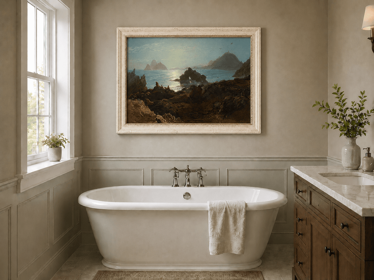 Peinture à l'huile de paysage - Rochers côtiers avec faune et mer