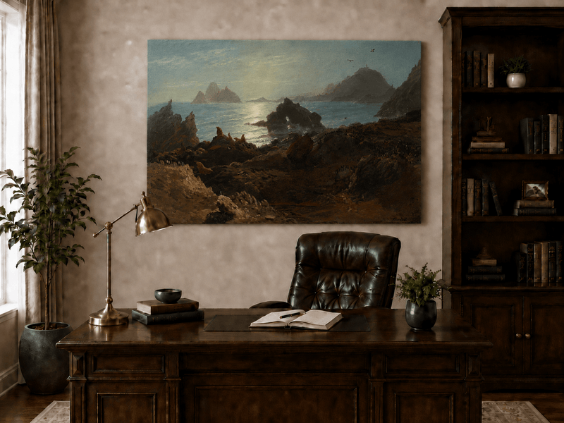 Peinture à l'huile de paysage - Rochers côtiers avec faune et mer
