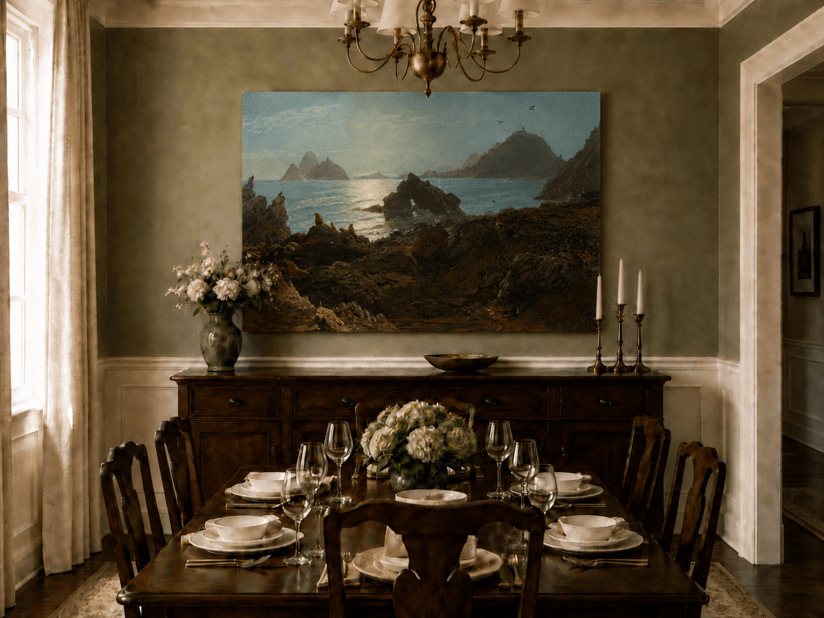 Peinture à l'huile de paysage - Rochers côtiers avec faune et mer