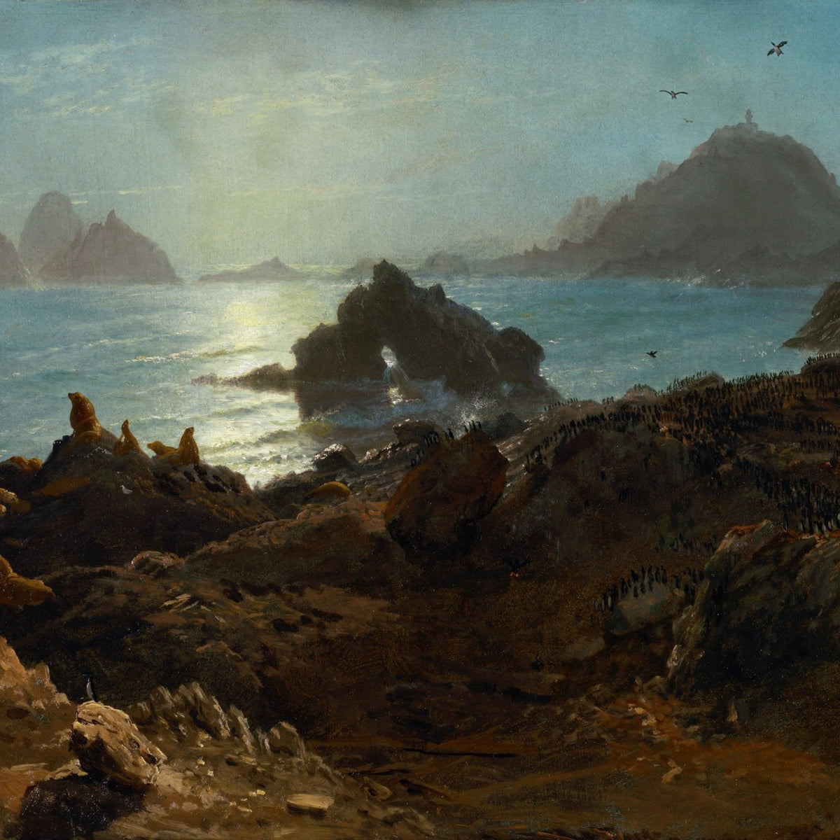 Peinture à l'huile de paysage - Rochers côtiers avec faune et mer