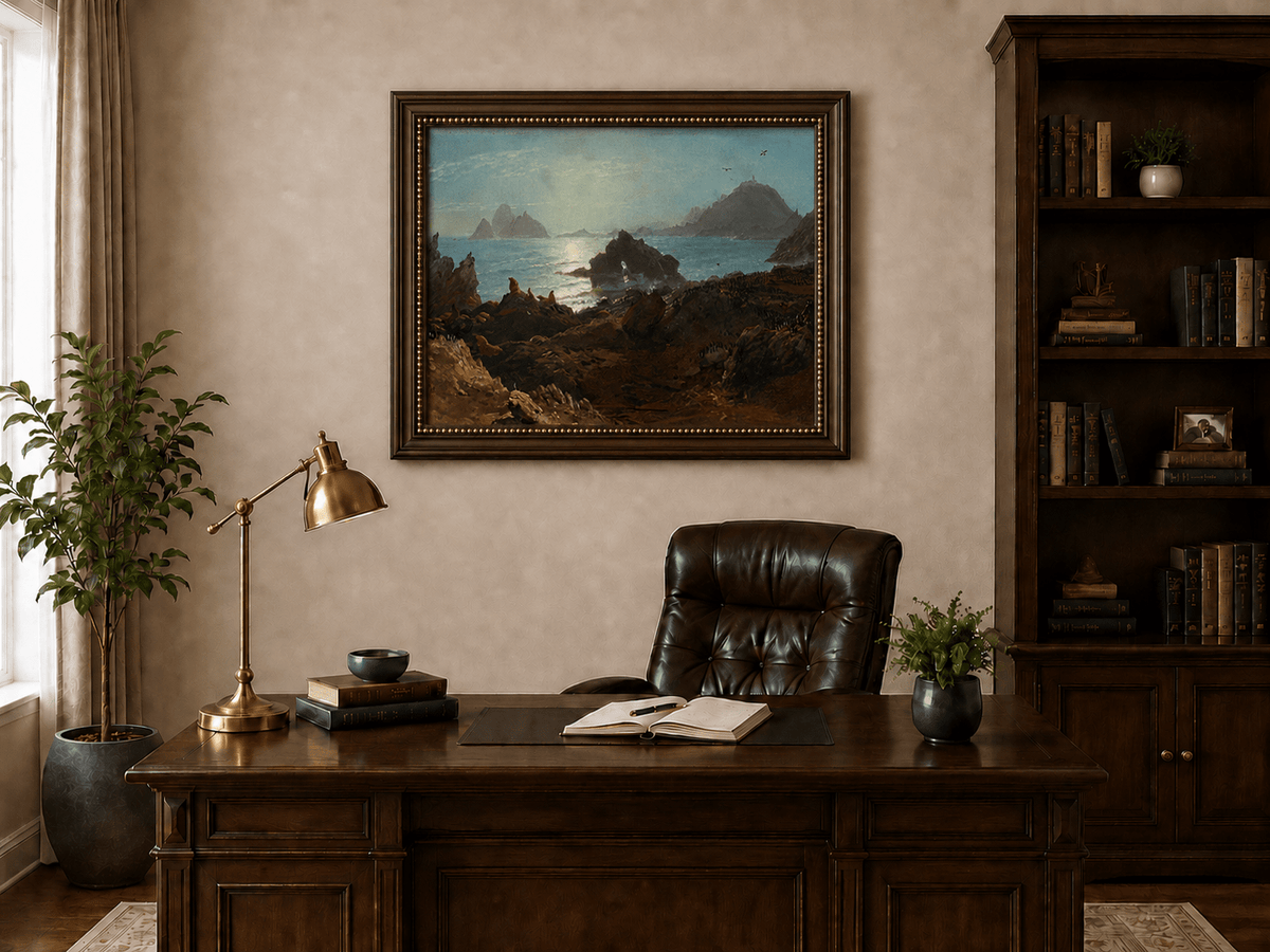 Peinture à l'huile de paysage - Rochers côtiers avec faune et mer