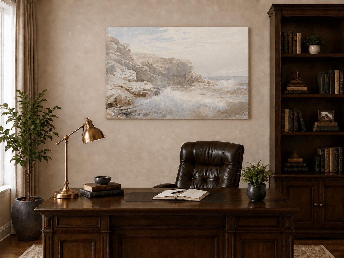Unframed hand-painted coastal cliffs oil painting with waves breaking along the rocky shore displayed above a traditional home office desk.