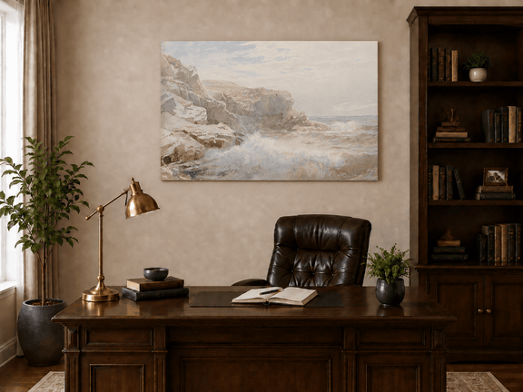Unframed hand-painted coastal cliffs oil painting with waves breaking along the rocky shore displayed above a traditional home office desk.
