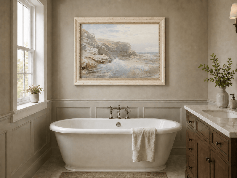 Framed hand-painted coastal cliffs oil painting with waves breaking along the rocky shore displayed above a freestanding bathtub.