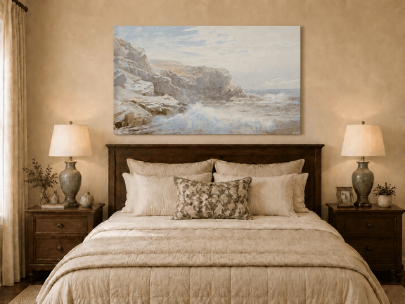 Unframed hand-painted coastal cliffs oil painting with waves breaking along the rocky shore displayed above a wooden bed in a neutral bedroom.