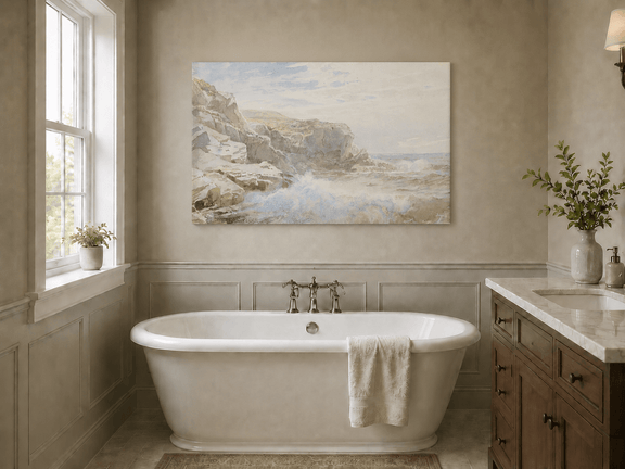 Unframed hand-painted coastal cliffs oil painting with waves breaking along the rocky shore displayed above a freestanding bathtub.