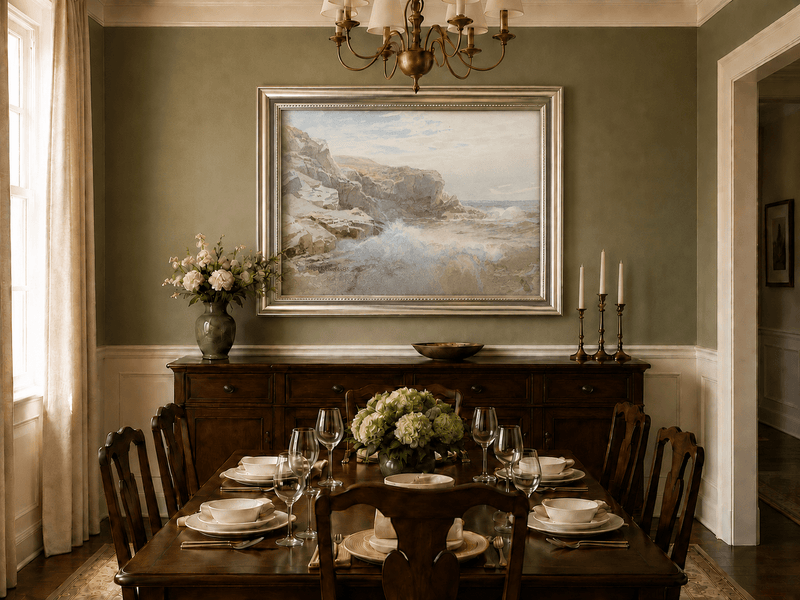 Framed hand-painted coastal cliffs oil painting with waves breaking along the rocky shore displayed above a formal dining table.