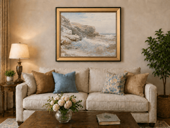 Framed hand-painted coastal cliffs oil painting with waves breaking along the rocky shore displayed above a neutral living room sofa.
