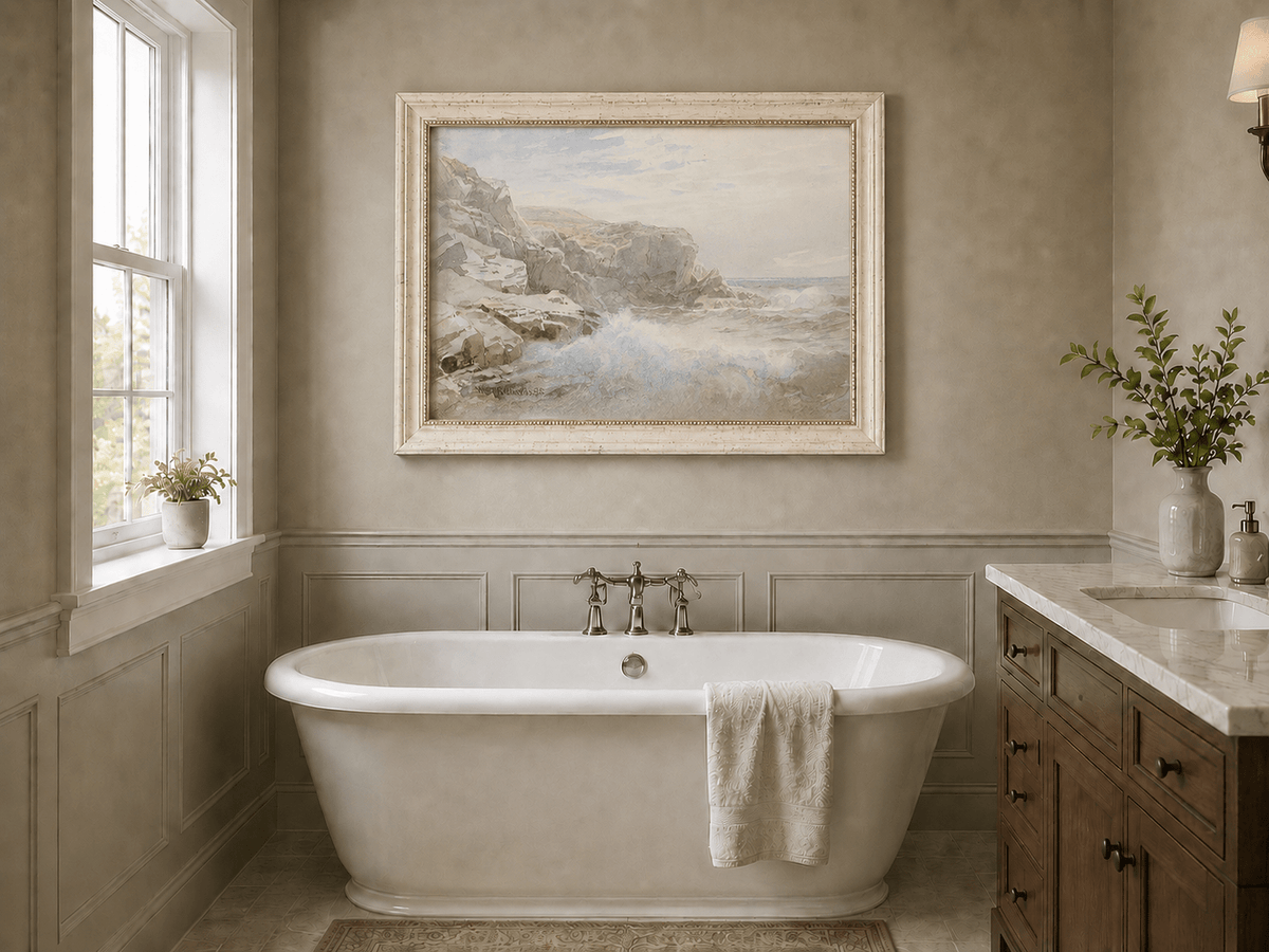 Framed hand-painted coastal cliffs oil painting with waves crashing against pale rocks displayed above a freestanding bathtub.