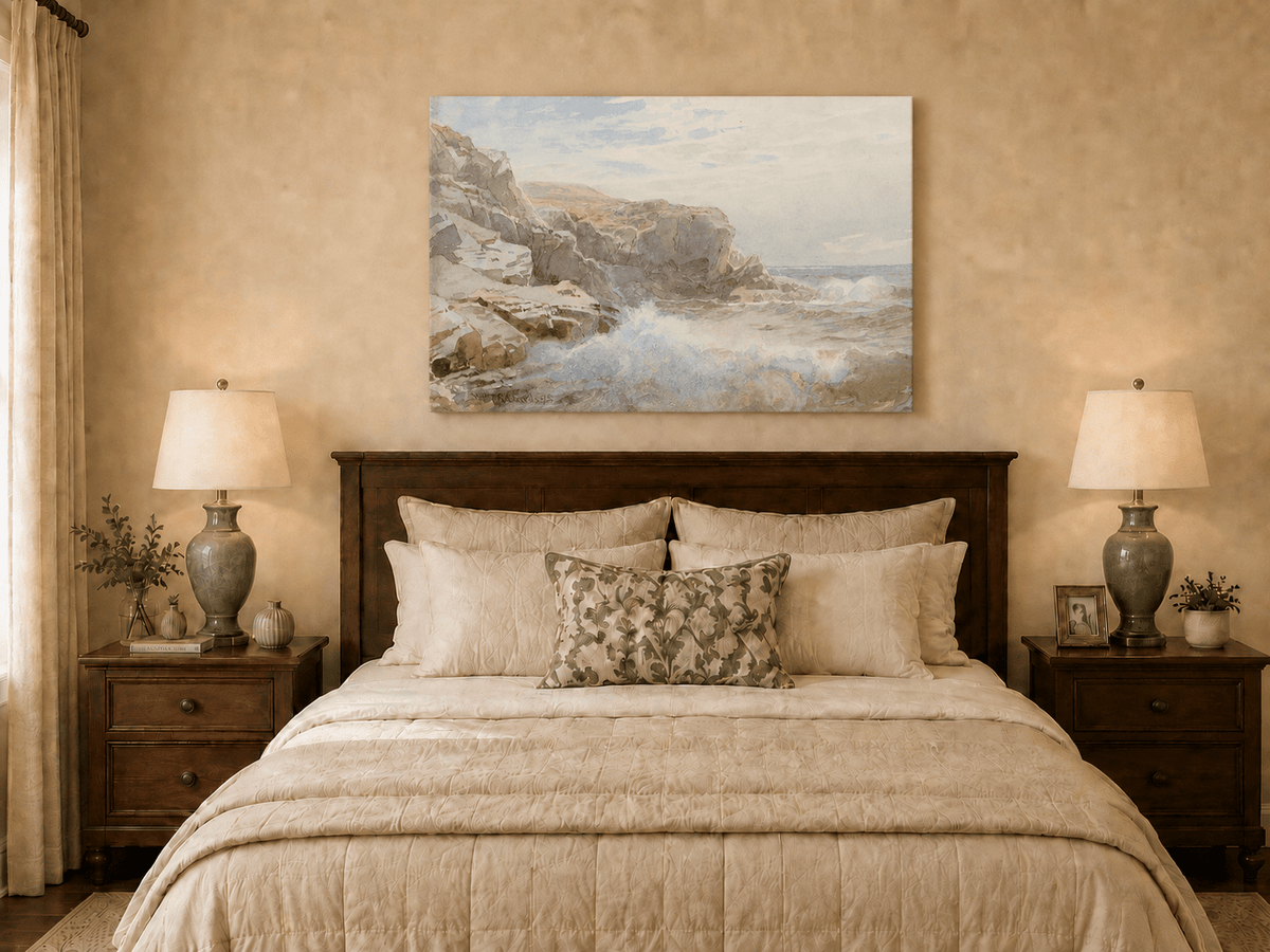 Unframed hand-painted coastal cliffs oil painting with waves crashing against pale rocks displayed above a wooden bed in a neutral bedroom.