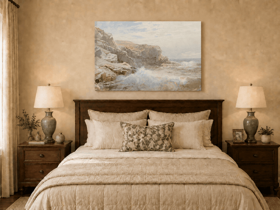 Unframed hand-painted coastal cliffs oil painting with waves crashing against pale rocks displayed above a wooden bed in a neutral bedroom.
