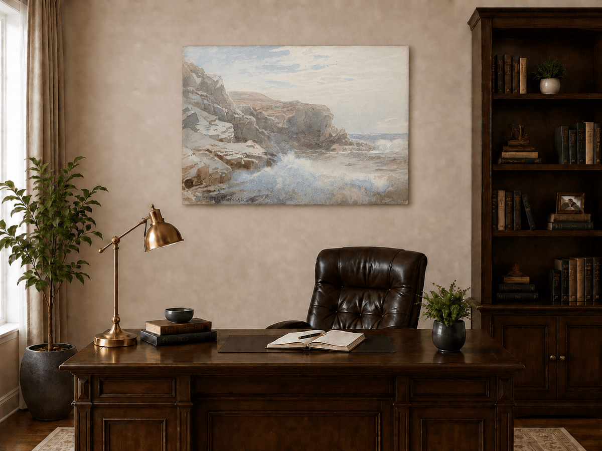 Unframed hand-painted coastal cliffs oil painting with waves crashing against pale rocks displayed above a traditional home office desk.
