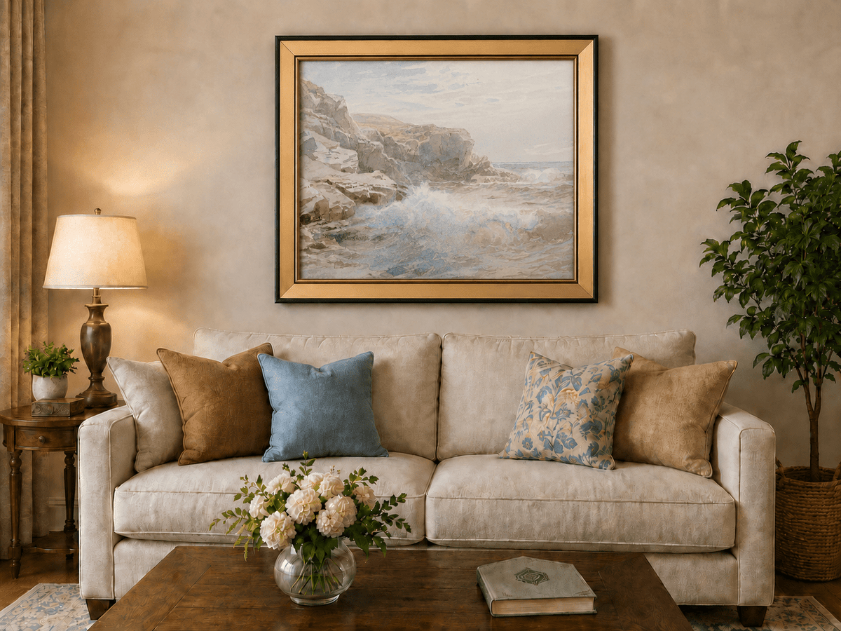Framed hand-painted coastal cliffs oil painting with waves crashing against pale rocks displayed above a neutral living room sofa.