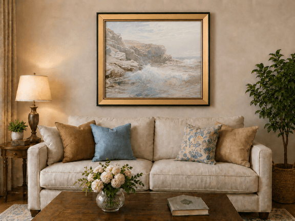 Framed hand-painted coastal cliffs oil painting with waves crashing against pale rocks displayed above a neutral living room sofa.