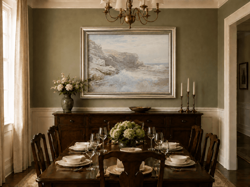 Framed hand-painted coastal cliffs oil painting with waves crashing against pale rocks displayed above a formal dining table.