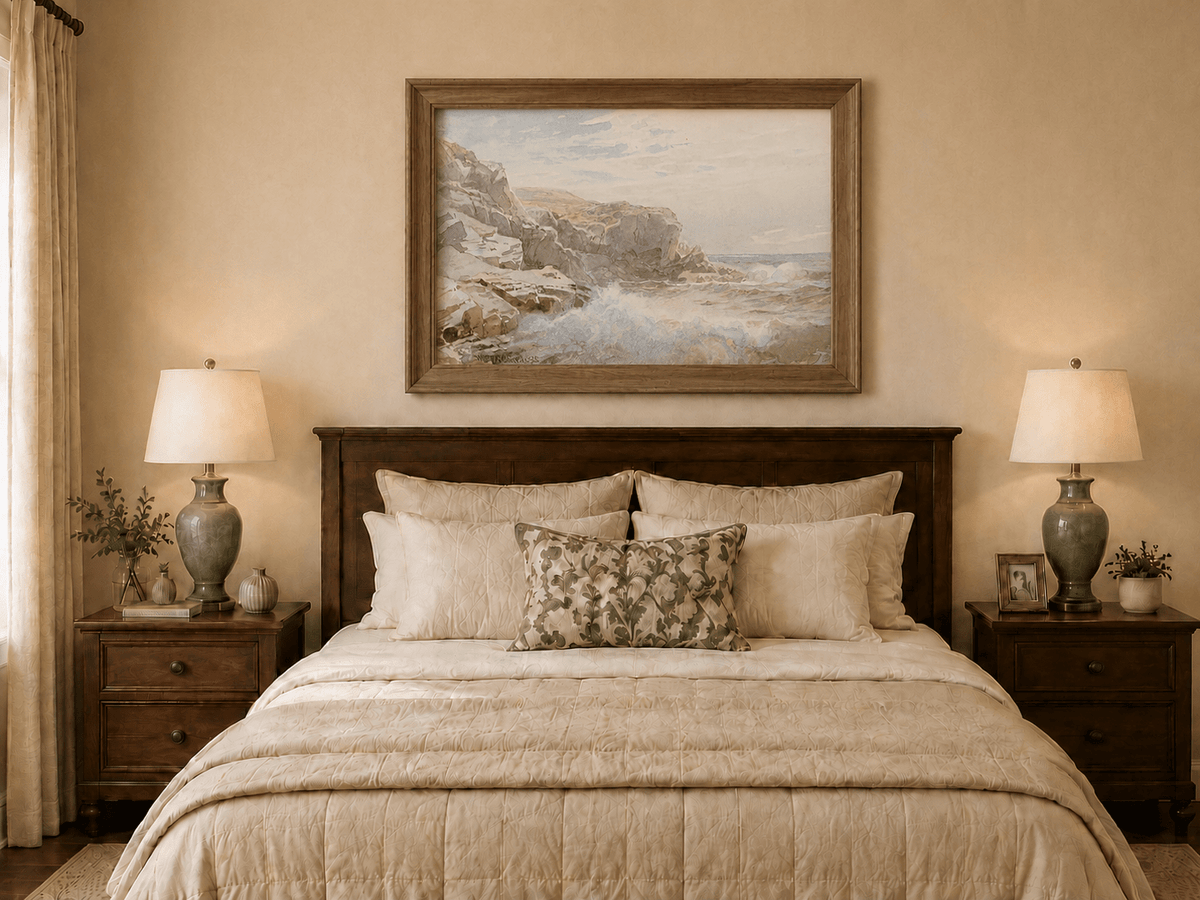 Framed hand-painted coastal cliffs oil painting with waves crashing against pale rocks displayed above a wooden bed in a neutral bedroom.