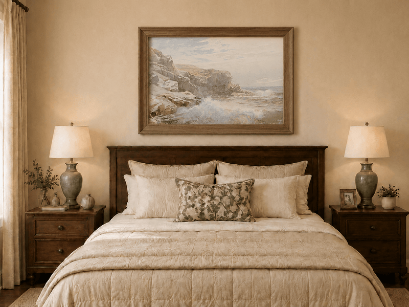 Framed hand-painted coastal cliffs oil painting with waves crashing against pale rocks displayed above a wooden bed in a neutral bedroom.