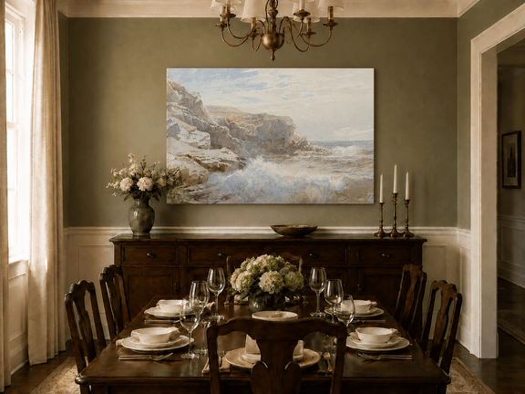 Unframed hand-painted coastal cliffs oil painting with waves crashing against pale rocks displayed above a formal dining table.