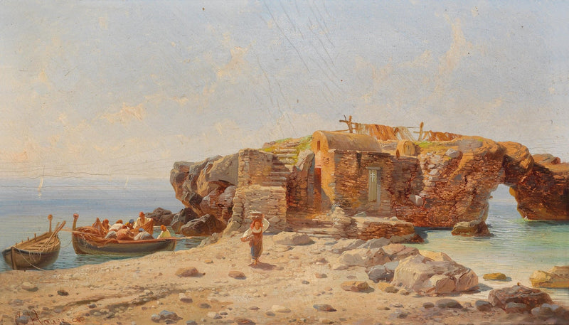 Hand-painted coastal ruin with boats and sea arch landscape oil painting on canvas