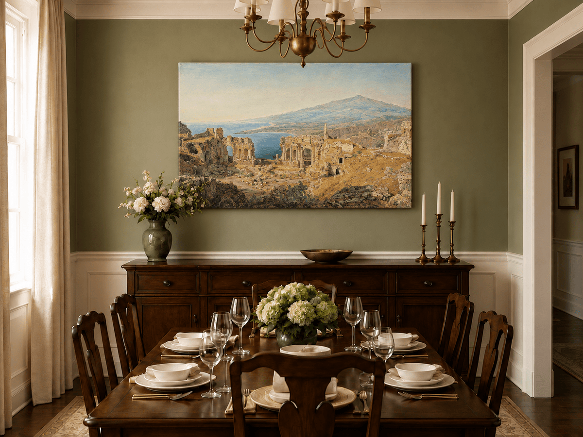 Landscape Oil Painting - Coastal Ruins and Mountain View