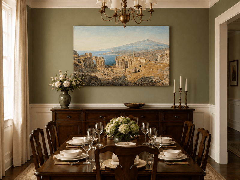 Landscape Oil Painting - Coastal Ruins and Mountain View
