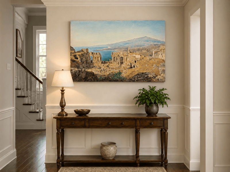 Landscape Oil Painting - Coastal Ruins and Mountain View