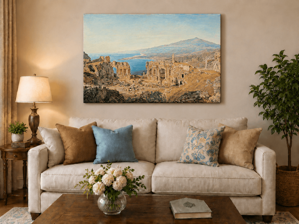 Landscape Oil Painting - Coastal Ruins and Mountain View