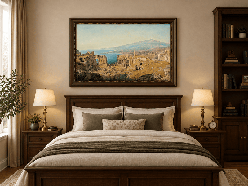 Landscape Oil Painting - Coastal Ruins and Mountain View
