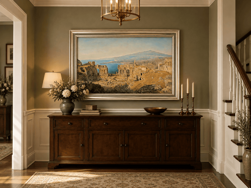 Landscape Oil Painting - Coastal Ruins and Mountain View