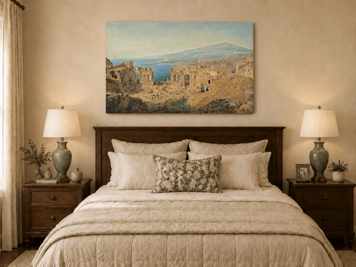 Landscape Oil Painting - Coastal Ruins and Mountain View