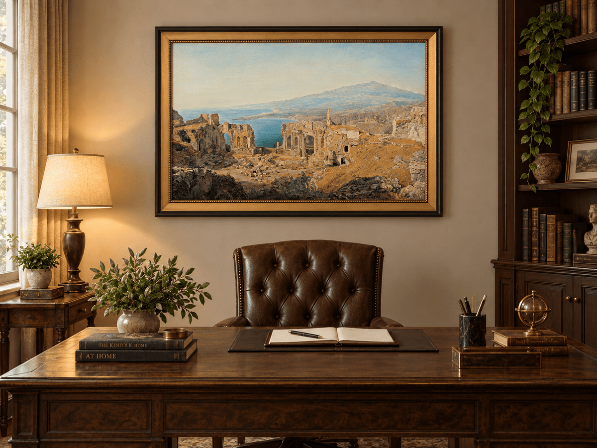 Landscape Oil Painting - Coastal Ruins and Mountain View