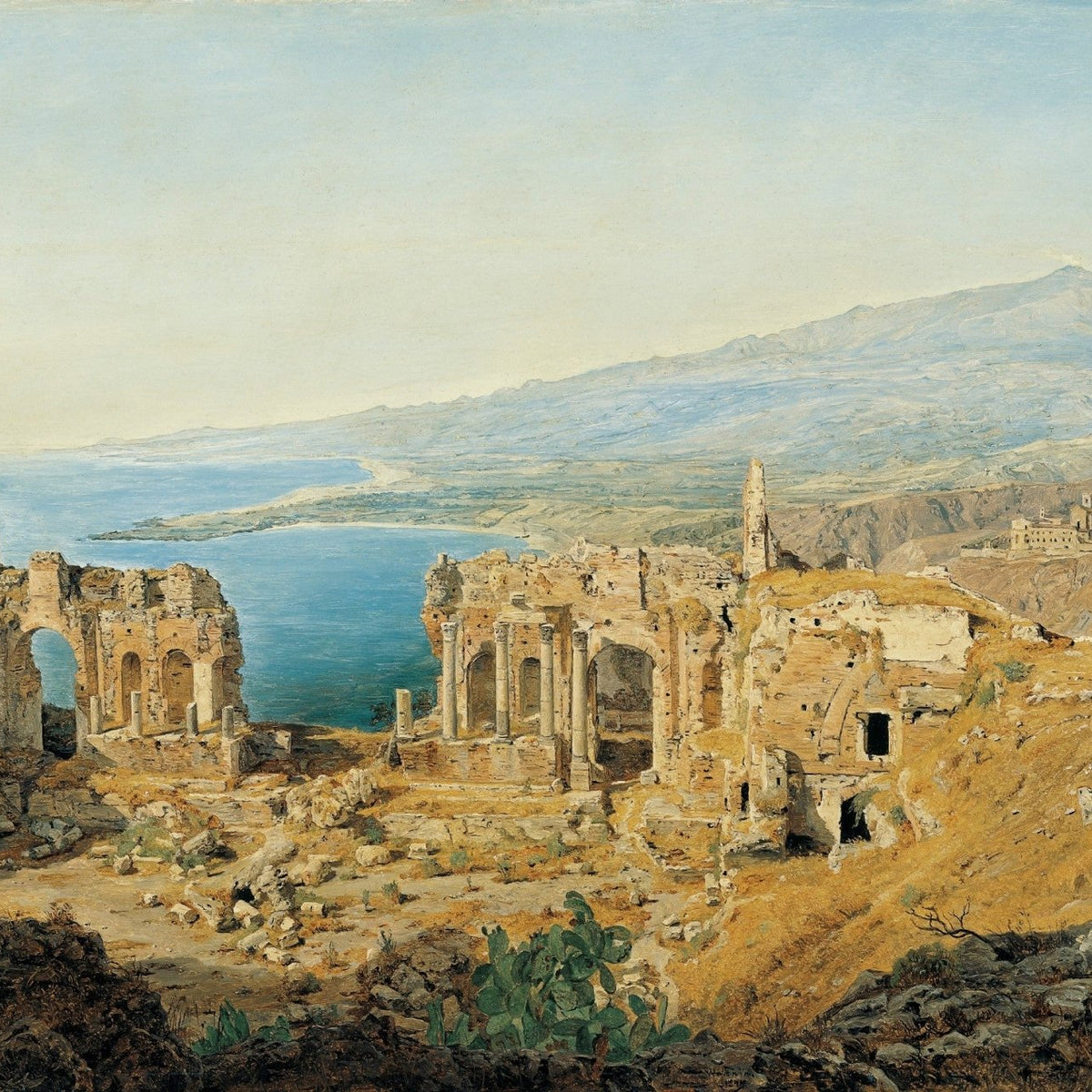 Landscape Oil Painting - Coastal Ruins and Mountain View - Oil Painting Haven