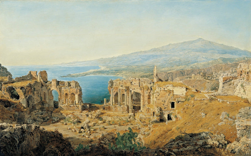 Landscape Oil Painting - Coastal Ruins and Mountain View - Oil Painting Haven