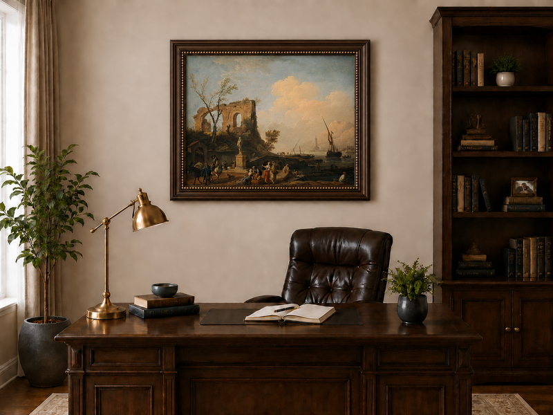 Coastal ruins with figures and ships landscape oil painting presented in an interior wall art mockup.