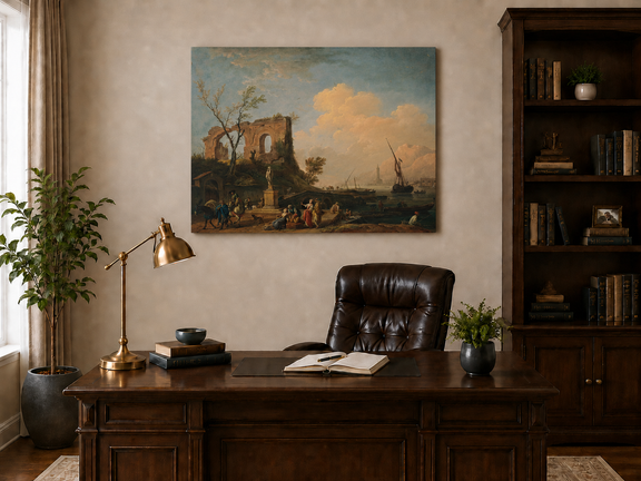 Interior wall art view featuring coastal ruins with figures and ships oil painting.