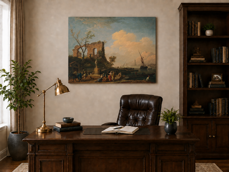 Interior wall art view featuring coastal ruins with figures and ships oil painting.