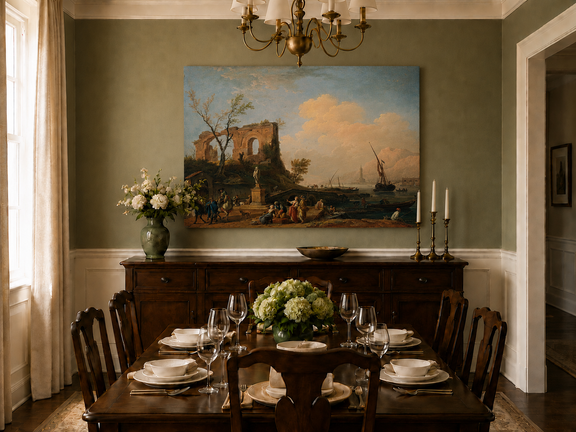 Hand-painted coastal ruins and figures landscape artwork in an interior display.