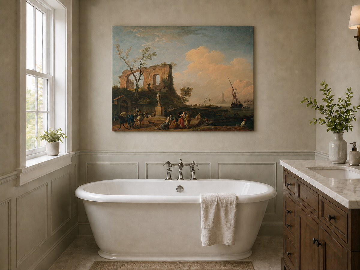 Coastal ruins with figures and ships landscape oil painting presented as styled home decor.